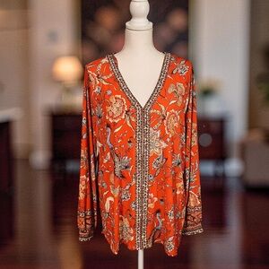 Floral V-Neck Long-Sleeve Blouse in Orange XL NWT
